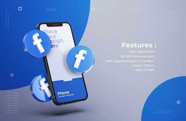 3d facebook icons with mobile screen mockup