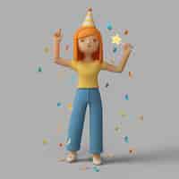 Free PSD 3d female character celebrating with party hat and confetti