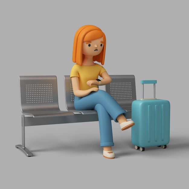 Personaggio femminile 3d che controlla il tempo mentre era seduto in aeroporto