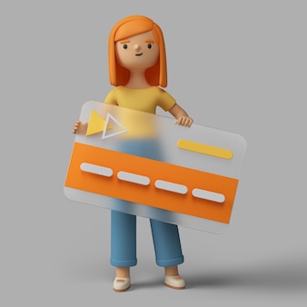 3d female character holding placard with video play button