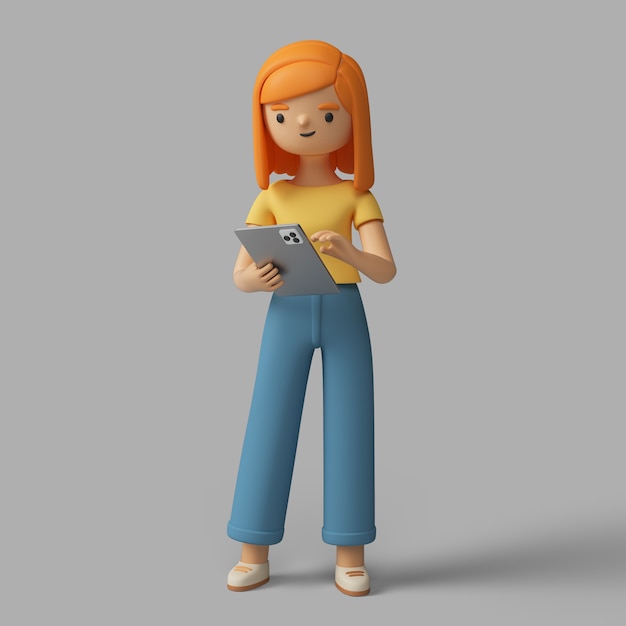 3d female character holding tablet device