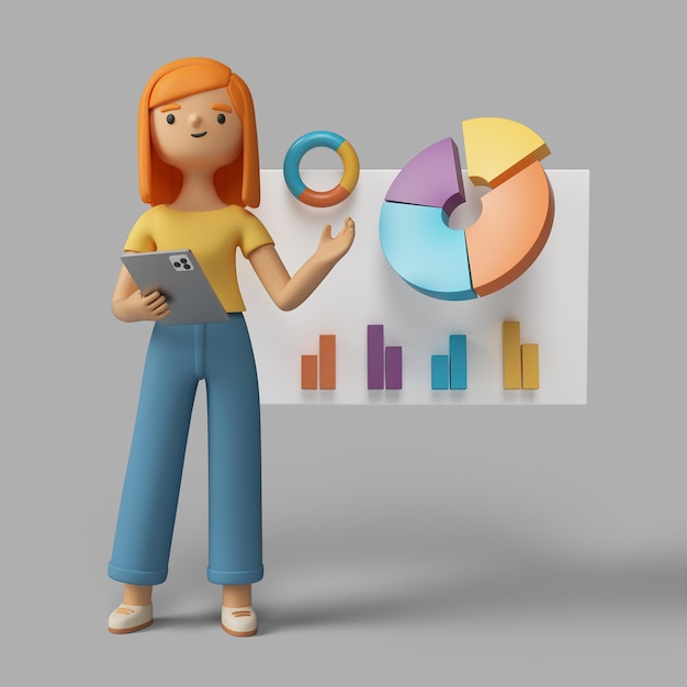 3d female character holding tablet and pointing to pie chart