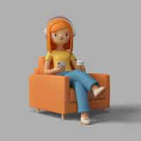 Free PSD 3d female character sitting in chair with headphones and cup of coffee