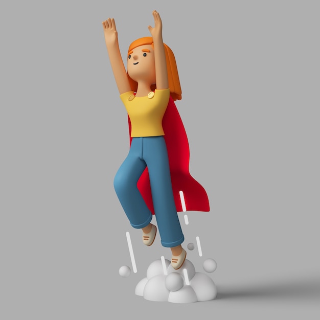 Бесплатный PSD 3d женский персонаж в плаще супергероя запускается в полет