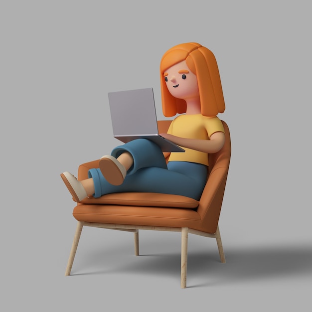Free PSD 3d female character working on laptop while sitting in chair
