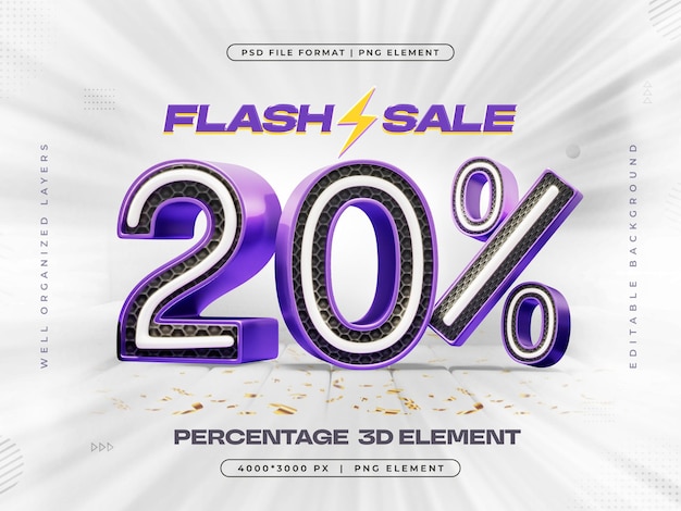 Free PSD 3d flash sale logo with 20 percent discount offer 3d render illustration