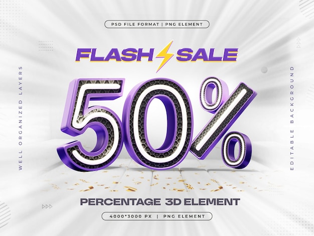 PSD gratuito logo di vendita flash 3d con offerta di sconto del 50% illustrazione di rendering 3d