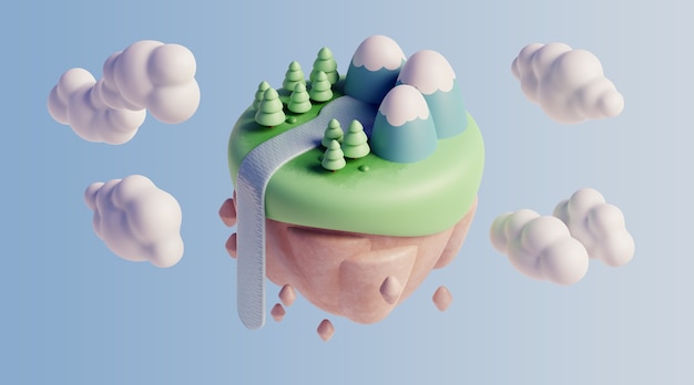 3d floating landscape with nature elements and clouds