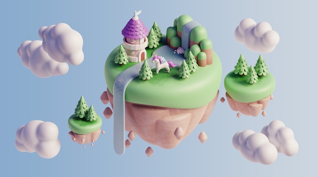 Free PSD 3d floating landscape with nature elements and clouds