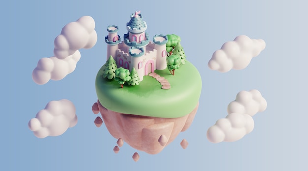 3d floating landscape with nature elements and clouds