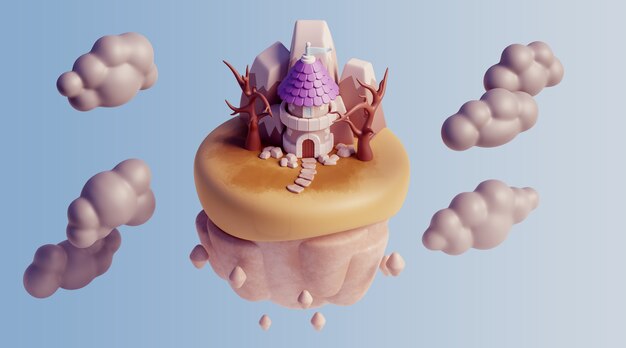 3D 漂浮的風景與自然元素和雲
