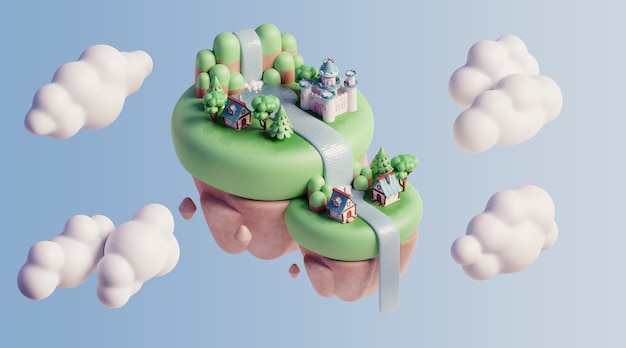 3d floating landscape with nature elements and clouds