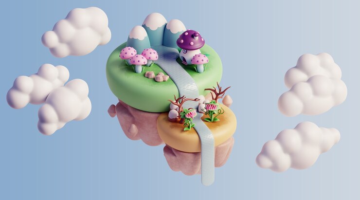 무료 PSD 자연 요소와 구름이 있는 3d 부동 풍경