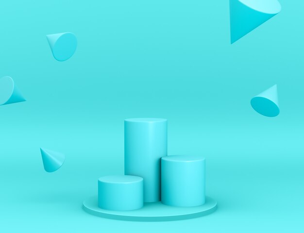 3D geometric cyan podiums for product placement with cones in levitation and editable color