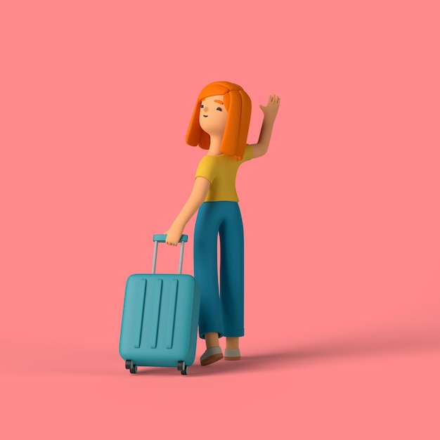 3d girl character holding a baggage for traveling