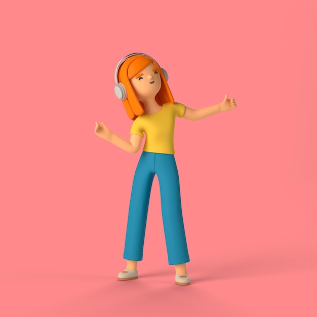 3d girl character listening to music though headphones
