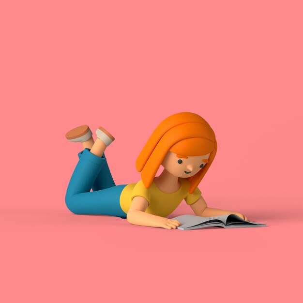 本を読んでいる3Dの女の子のキャラクター