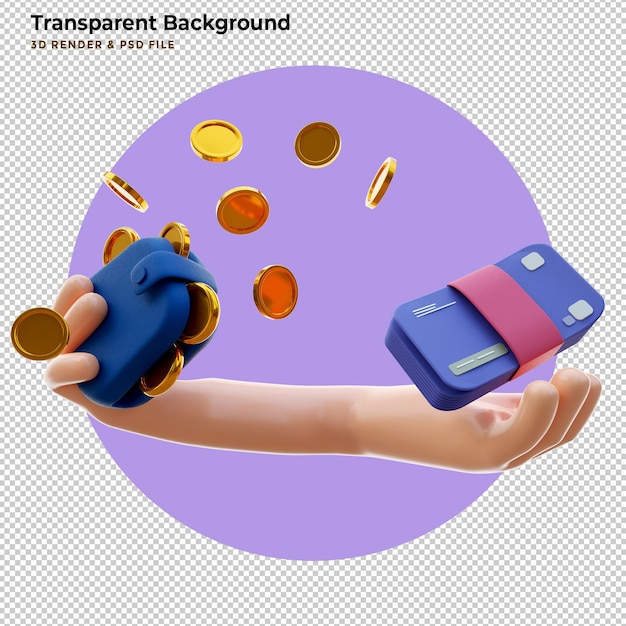 3D Hand holding wallet, coin stack, bills and credit card on isolate white background, money saving, online payment and payment concept. 3d render illustration