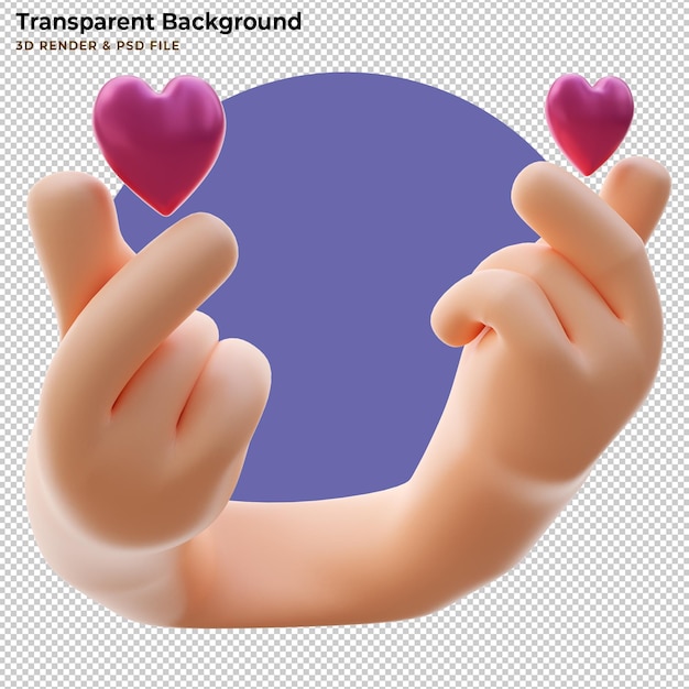 Free PSD 3d hand making korean heart symbol with a heart floating on top. 3d rendering