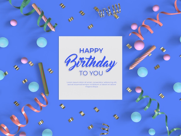 PSD gratuito banner di buon compleanno 3d con coriandoli e modello di decorazione a palloncino