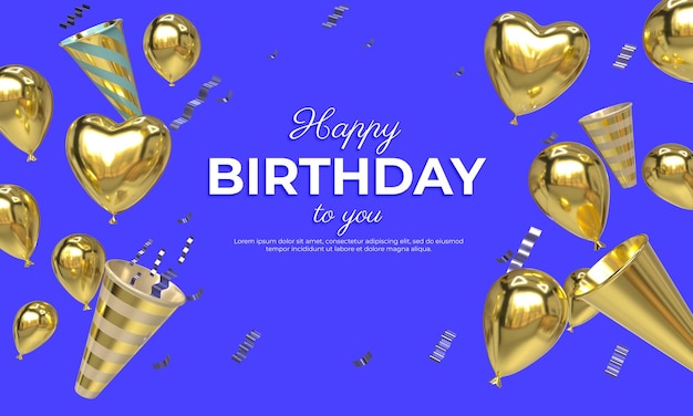 Free PSD 3d happy birthday banner with confetti and balloon decoration template