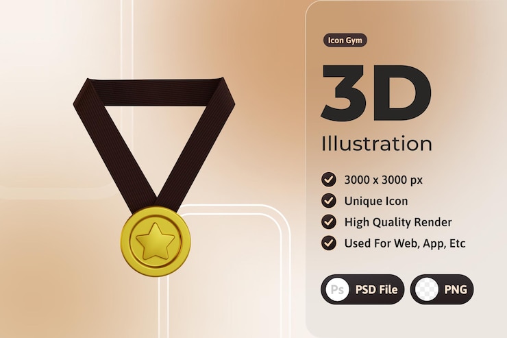 Бесплатный PSD 3d icon тренажерный зал, золотая медаль