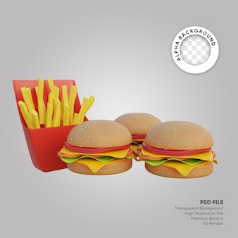 3d illustration of big burger and fries package