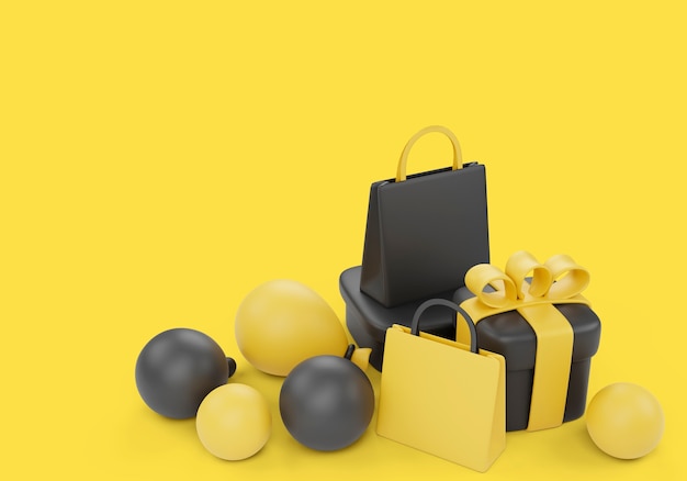 Illustrazione 3d per le vendite del black friday con palloncini e regali