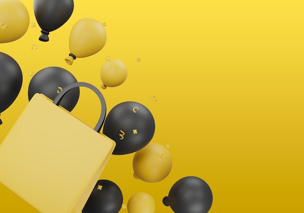 Free PSD 3d illustration for black friday sales with balloons and shopping bag