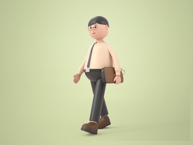 3D illustration cartoon character businessman wearing glasses walking, he holding a leather bag in hand,  rendering