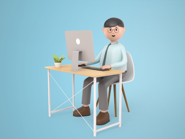 3D иллюстрации мультипликационный персонаж бизнесмен в очках, работающих на настольном компьютере на столе в офисе