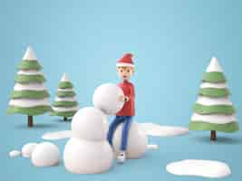 Free PSD 3d illustration cartoon character cute boy in red winter coat and hat is stacking snowballs as a snowman, the snow-covered pine tree in the