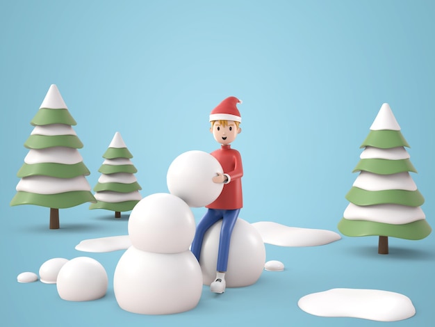 3d 일러스트레이션 만화 캐릭터 빨간 겨울 코트와 모자를 쓴 귀여운 소년이 눈사람처럼 눈덩이를 쌓고 있습니다.