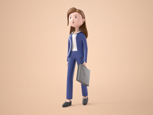 3Dイラスト漫画のキャラクターのかわいい女の子が歩いてブリーフケースを手に持ってスーツを着て