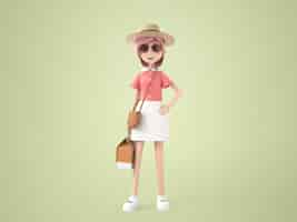 Free PSD 3d illustration cartoon character pretty girl wearing skirt, sombrero and sunglasses holding bag in hand, preparing to travel on summer vacation