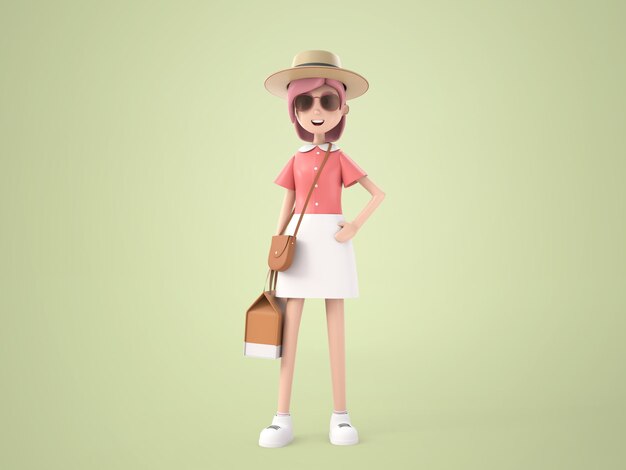 3D illustration cartoon character pretty girl wearing skirt, sombrero and sunglasses holding bag in hand, preparing to travel on summer vacation