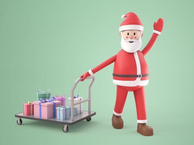 3D illustration cartoon character Santa Claus with many gift box on his troller. Isolated white. rendering