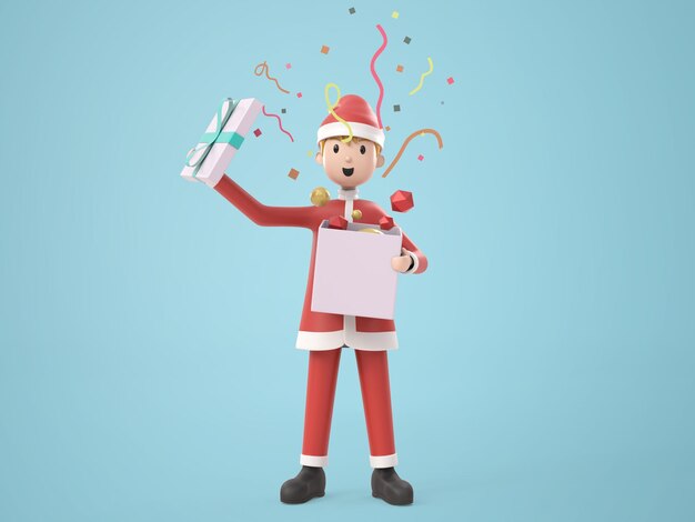 3D illustration cartoon character young man in santa claus costume holding gift boxs, isolated on white