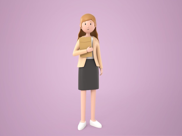3d иллюстрации мультипликационный персонаж молодая работающая женщина держит бумажную папку в руках, стоя на белом