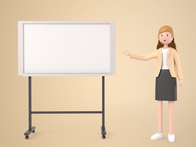 3dイラスト漫画のキャラクター若い働く女性が立って、ホワイトボードを指して白で作品を提示する