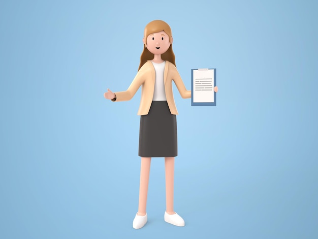 3d иллюстрации мультипликационный персонаж молодая работающая женщина, стоящая и показывающая доску с клипом, чтобы представить работу на белом