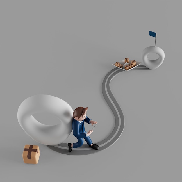 3D иллюстрация мультипликационный персонаж молодая работающая женщина стоит и указывает на белую доску, чтобы представить работу на белом фоне, рендеринг