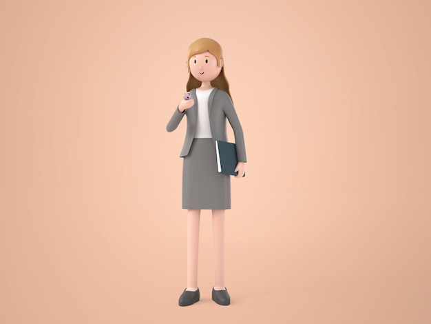 3D иллюстрации мультипликационный персонаж молодая работающая женщина, стоящая и использующая смартфон на белом