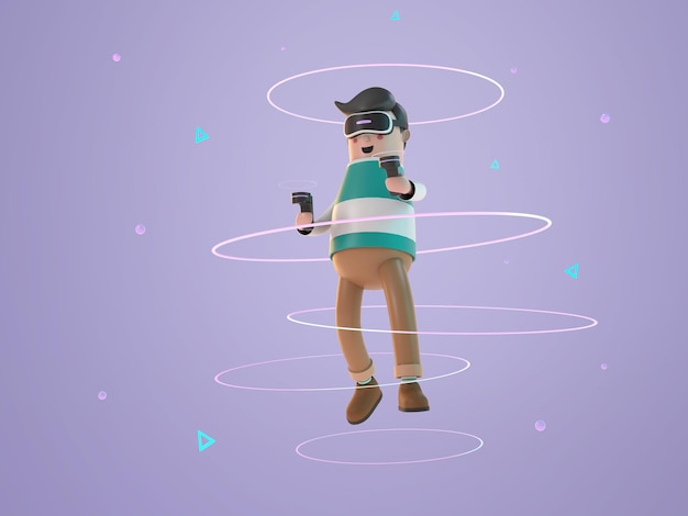 Free PSD 3d illustration character cute boy enjoy to play virtual game rendering