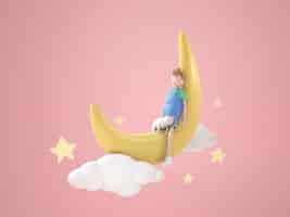 Free PSD 3d illustration character cute boy sleeping on the moon with cat rendering