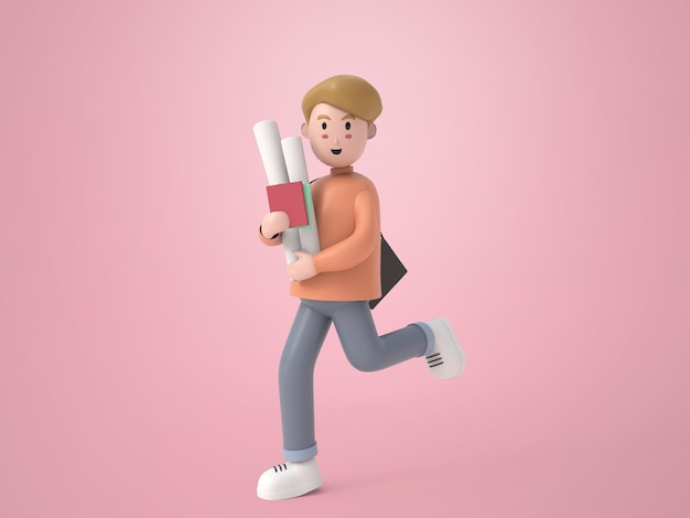 3d Illustration Character Of Happy Young Architect Creator Man Holding The Drawing Papers In Arms And Runing Rendering