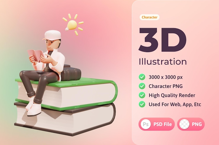 Free PSD 3d illustration character, high school boy, used for web, app, infographic