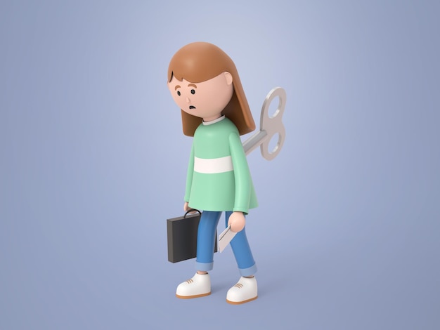 3d-иллюстрация персонажа молодая деловая женщина, держащая портфель с заводным ключом в спине, она чувствует скуку или усталость от рабочей силы в рендеринге бизнес-концепции