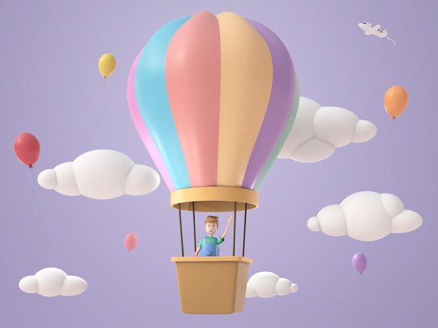 Free PSD 3d illustration character young man in air hot balloon rendering