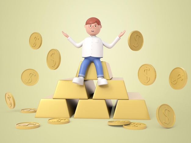 Illustrazione 3d personaggio del giovane con gli occhiali seduto su una pila di monete d'oro e sparse uomo ricco rendering del concetto di risparmio Psd Gratuite